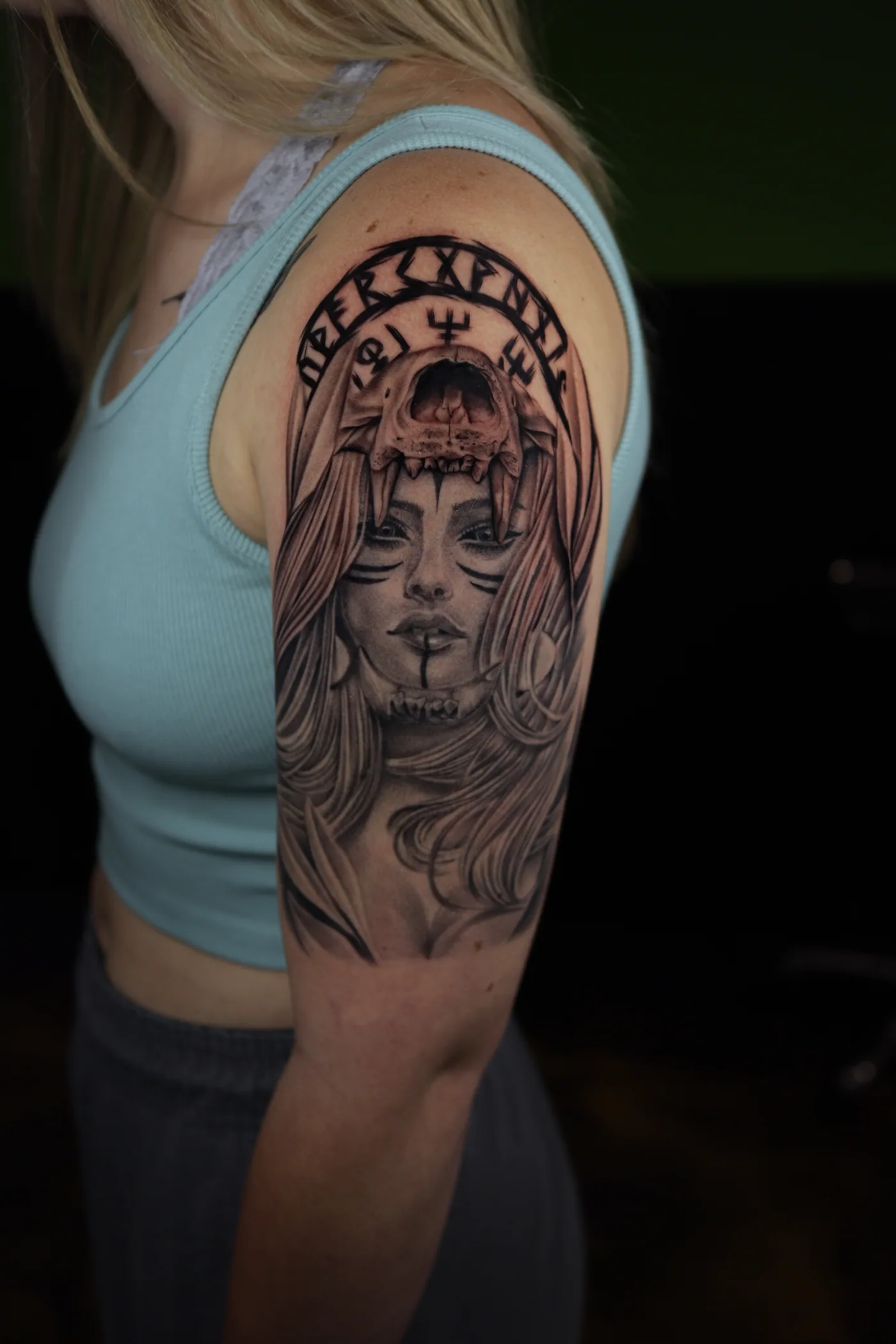 Portrait and ornamental forearm tattoo by Eddie Gonzalez
