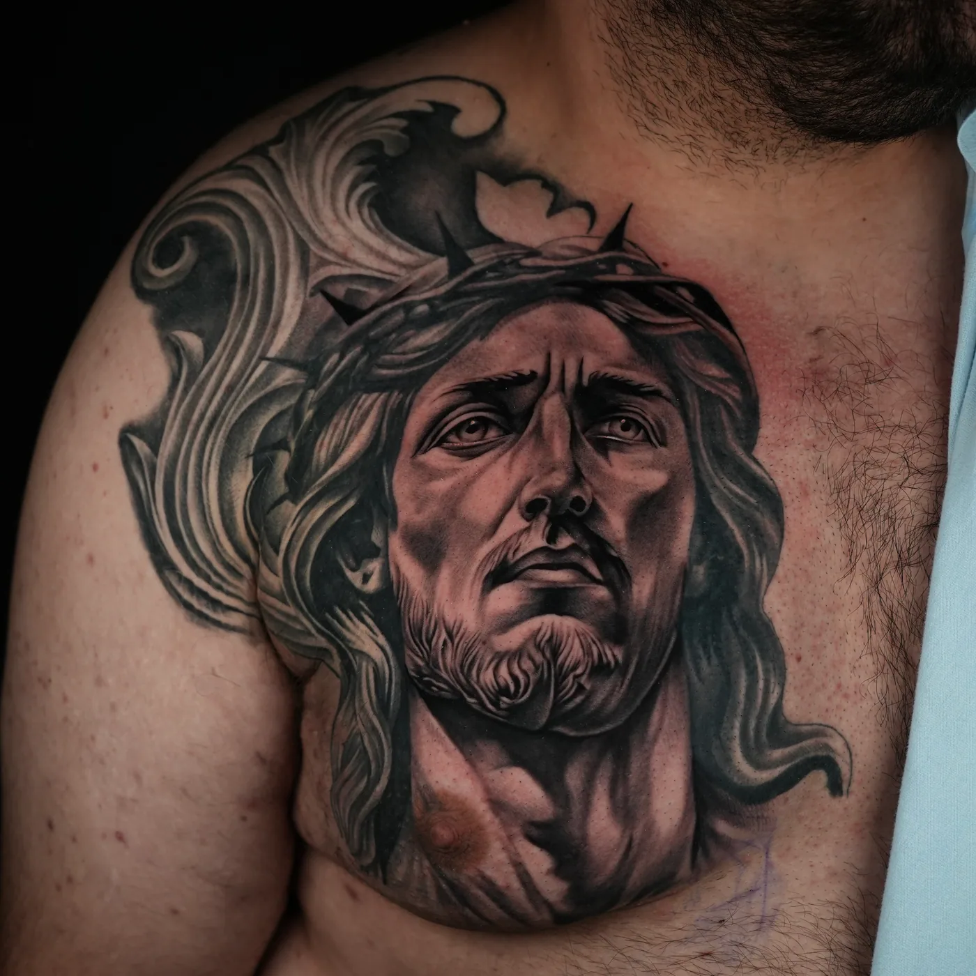 Christ portrait, close view tattoo by Eddie Gonzalez